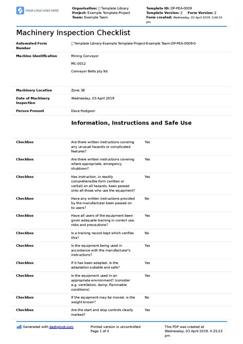 bending machine inspection checklist|machine inspection checklist template.